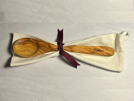 Exeter Engraved Olive Wood Spoon & Towel Set